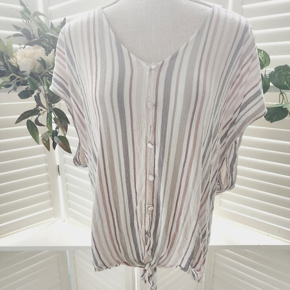 TORRID STRIPE BROWN GRAY BUTTON DOWN TIE FRONT SIZE 3(3X)